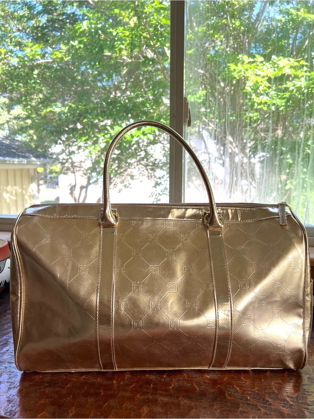 BCBGMAXAZRIA metallic gold travel tote duffle bag Y2K Excellent Condition